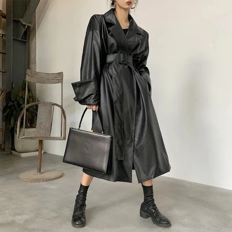 Stylish Long Oversized Faux Leather Trench Coat