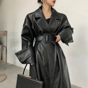 Stylish Long Oversized Faux Leather Trench Coat