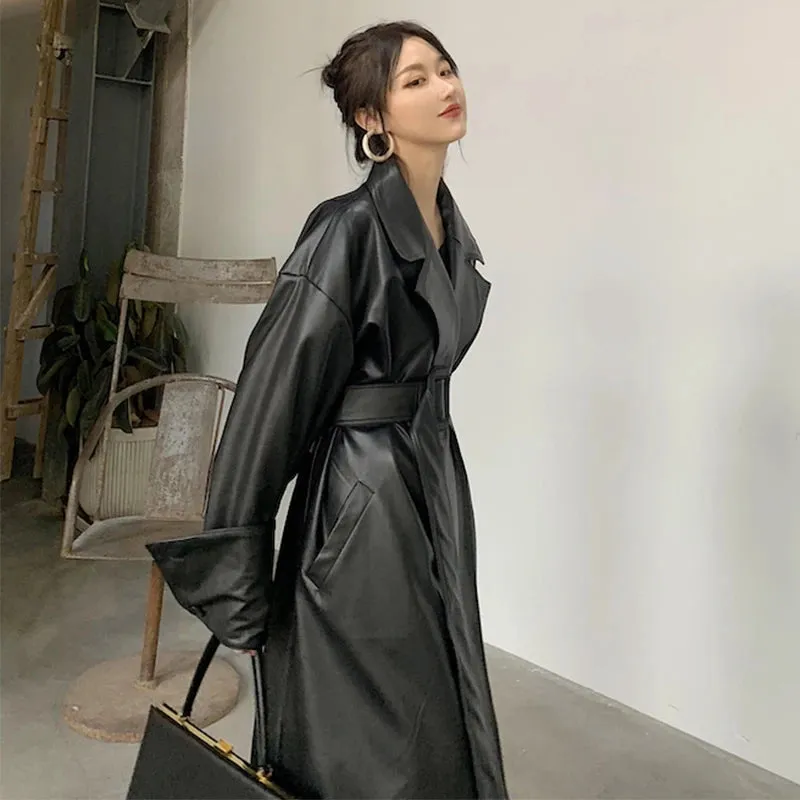 Stylish Long Oversized Faux Leather Trench Coat