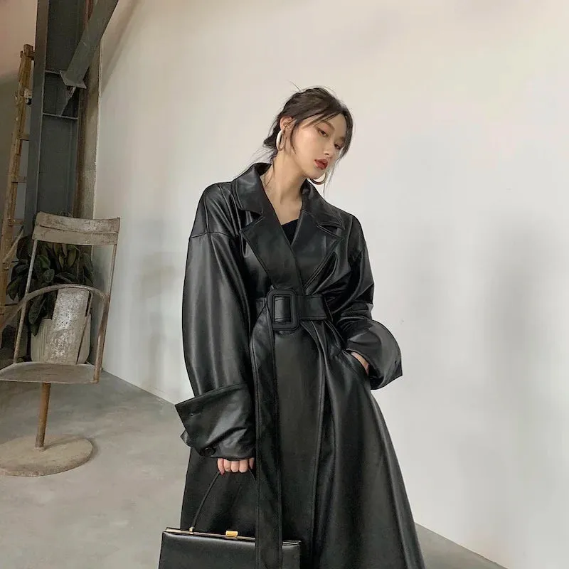 Stylish Long Oversized Faux Leather Trench Coat