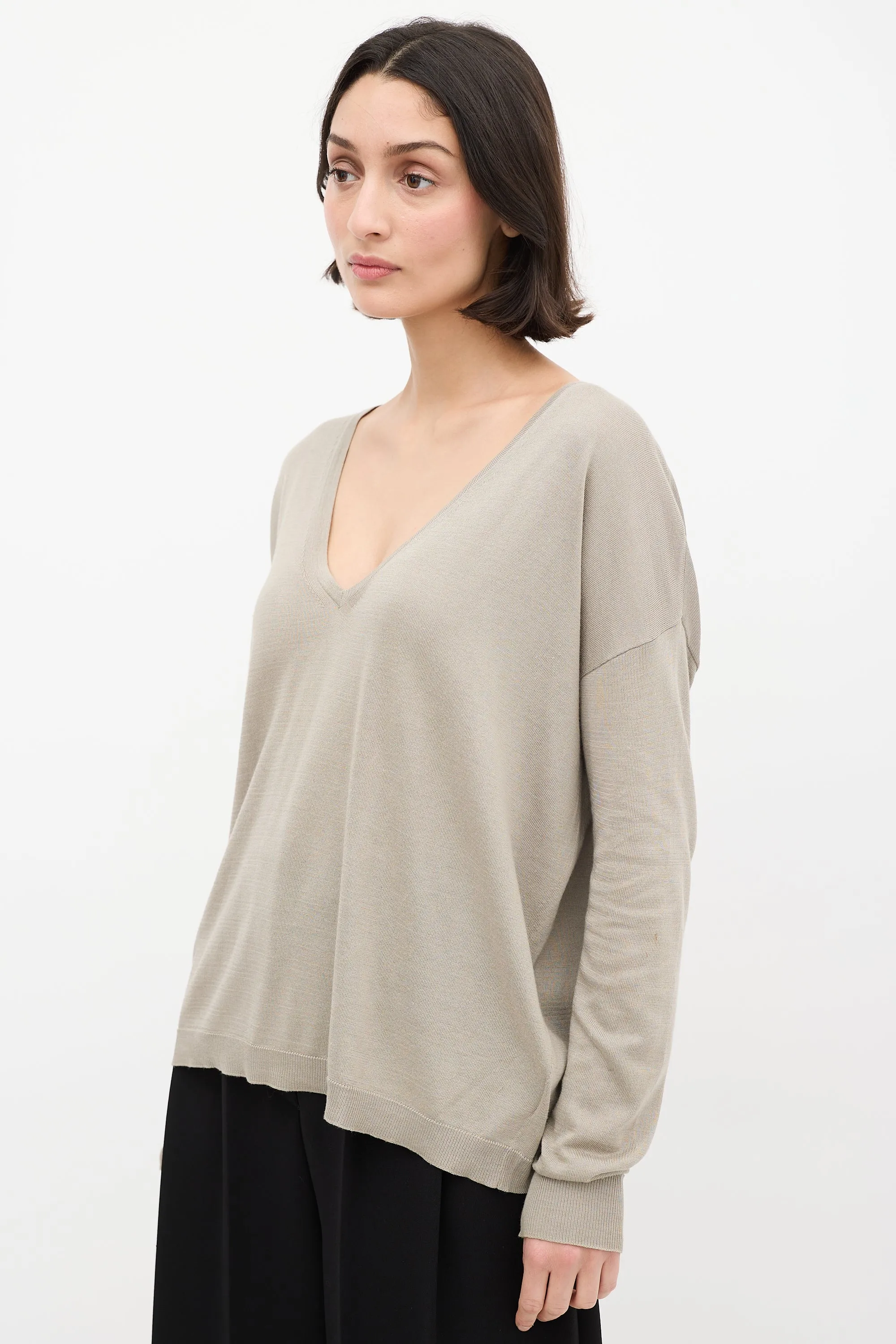 Taupe Silk & Cotton V-Neck Sweater