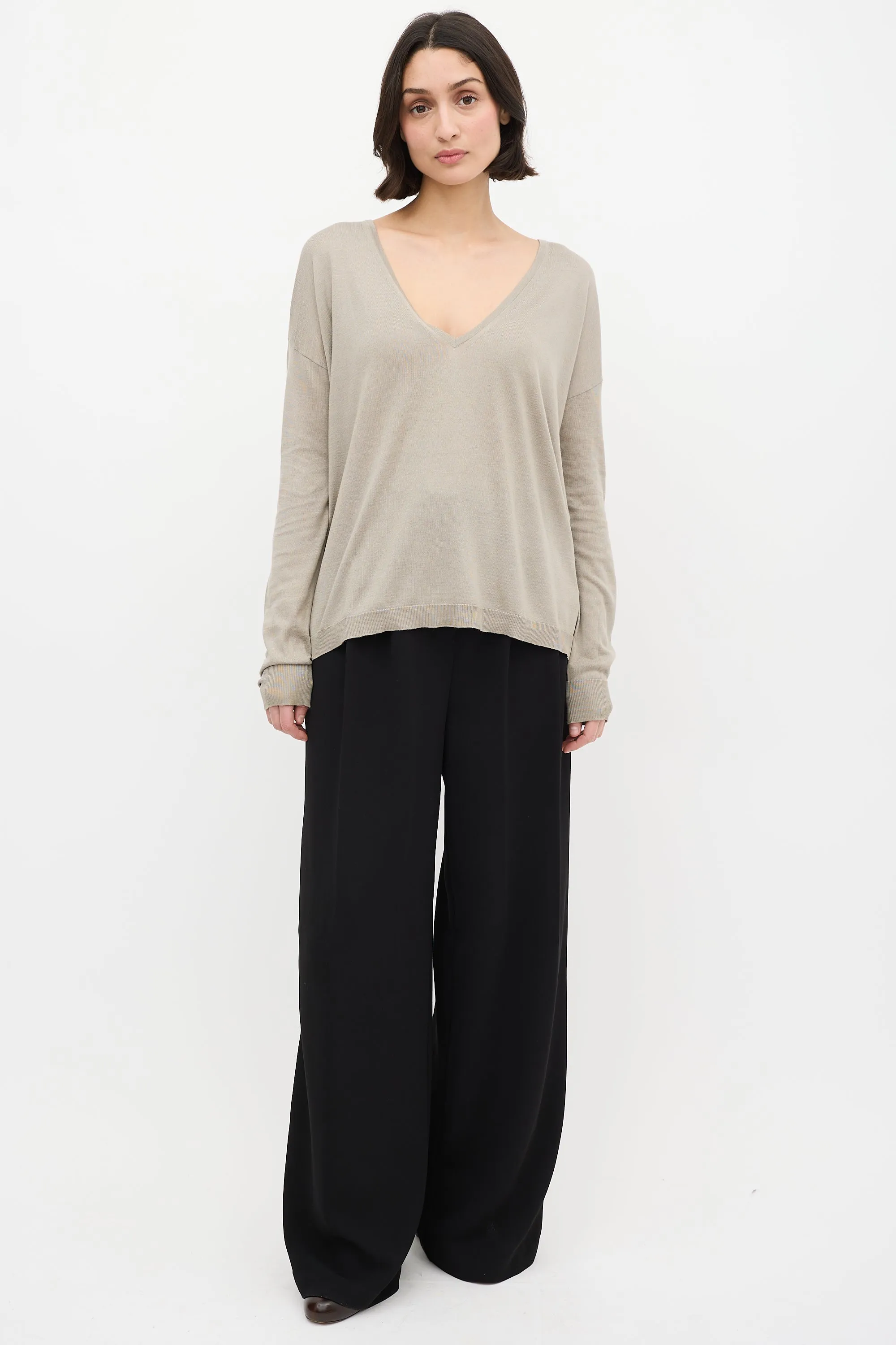 Taupe Silk & Cotton V-Neck Sweater