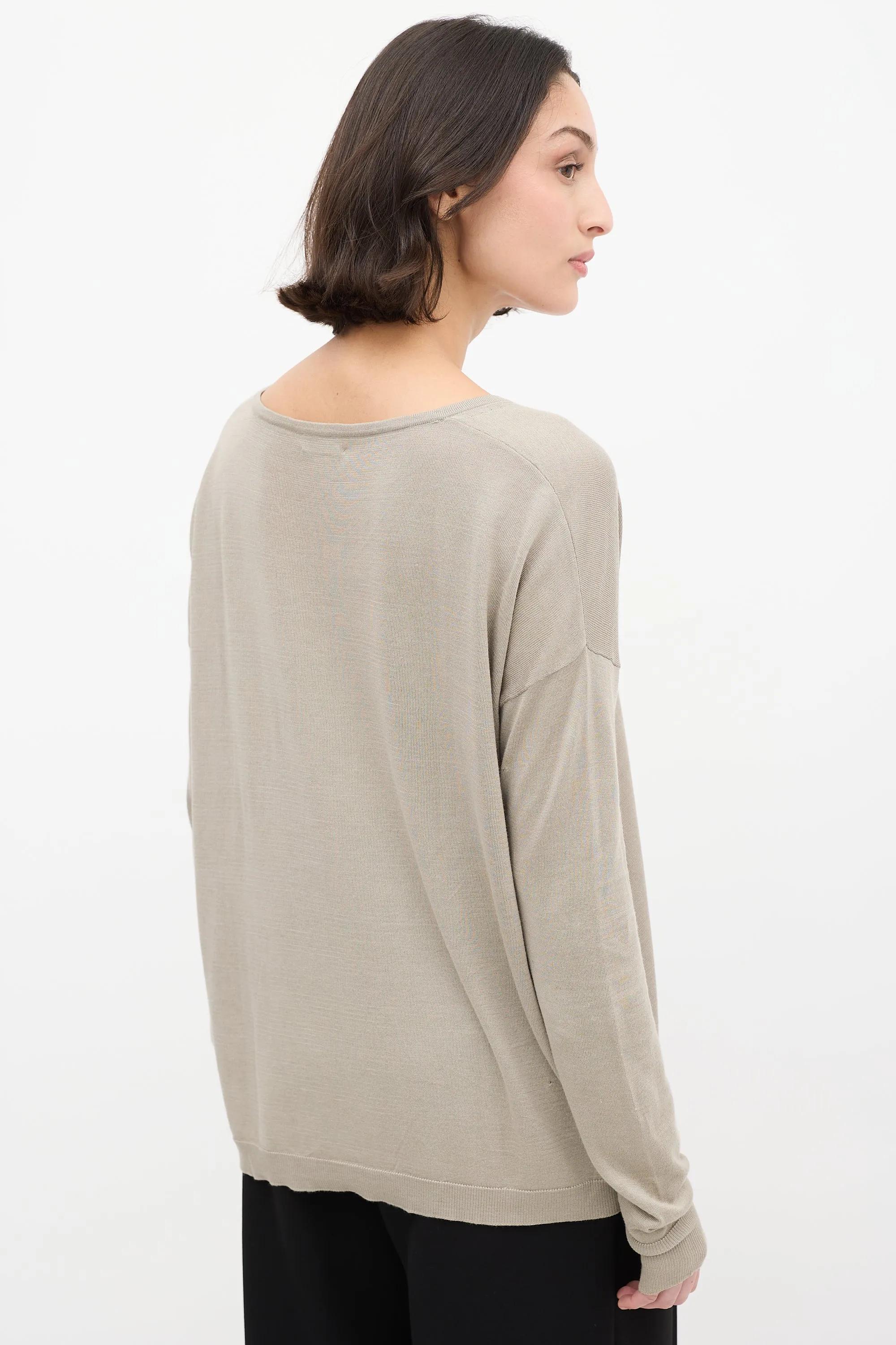 Taupe Silk & Cotton V-Neck Sweater