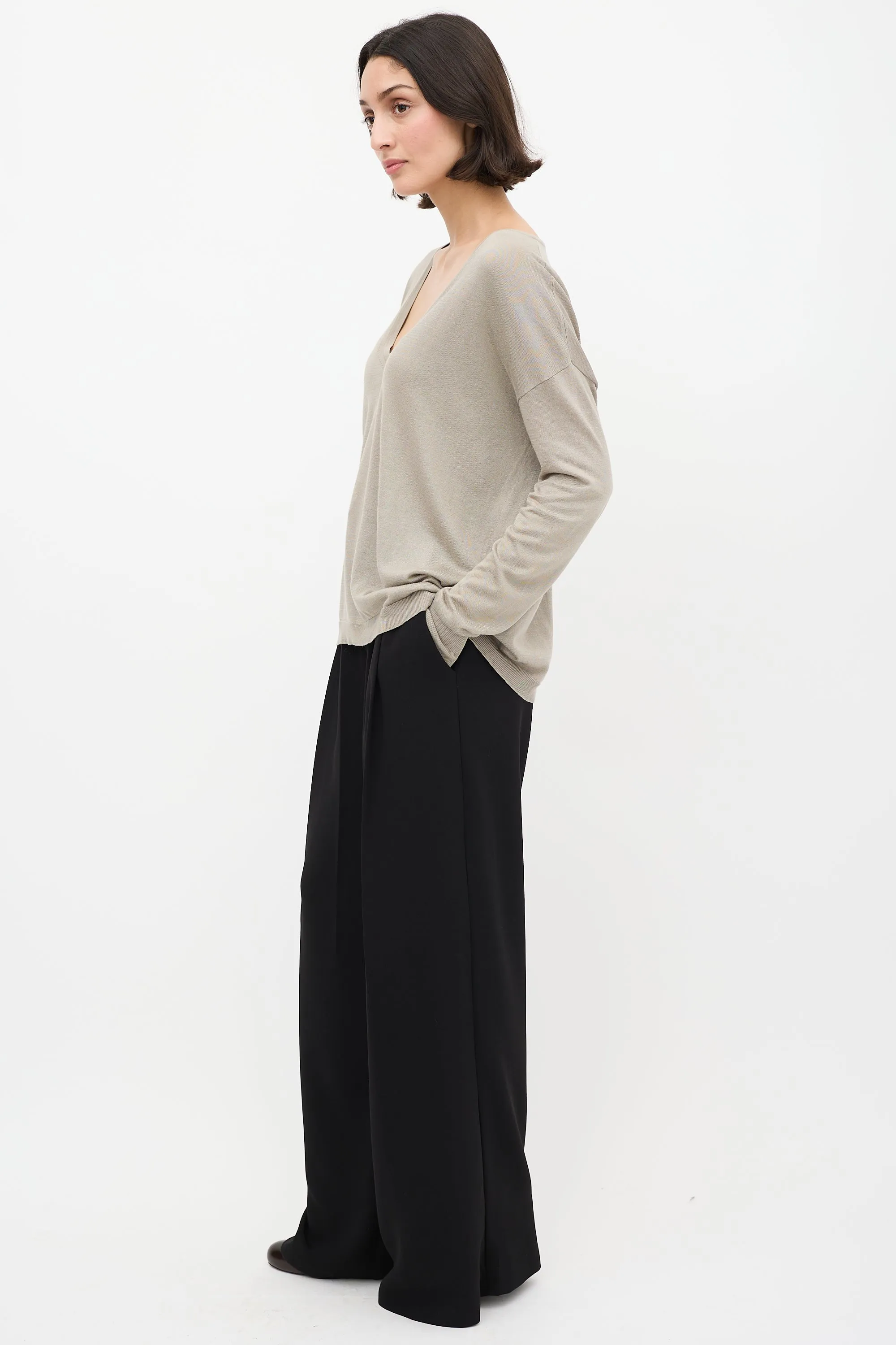 Taupe Silk & Cotton V-Neck Sweater