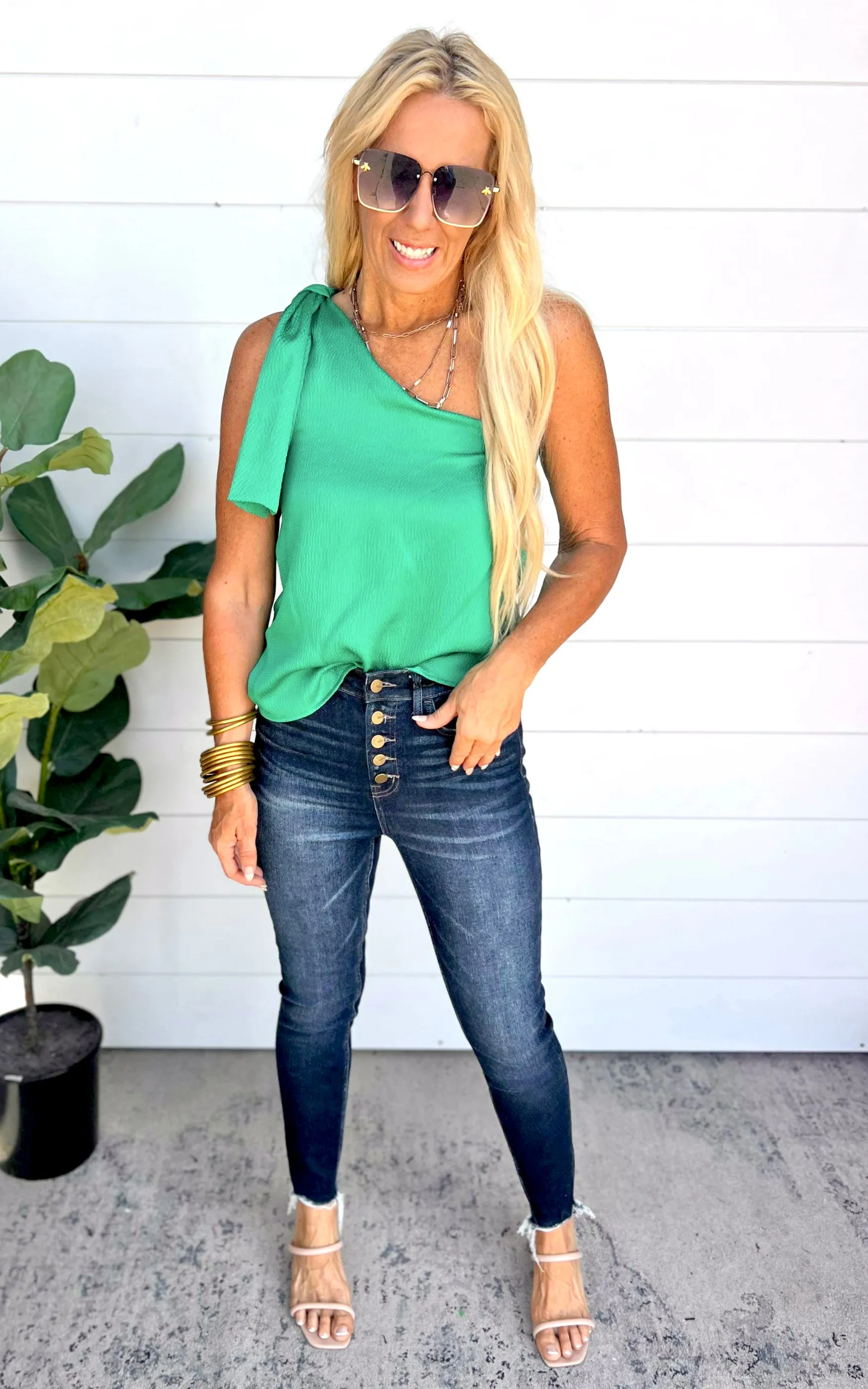 The Addison Green Satin One Shoulder Top - Final Sale