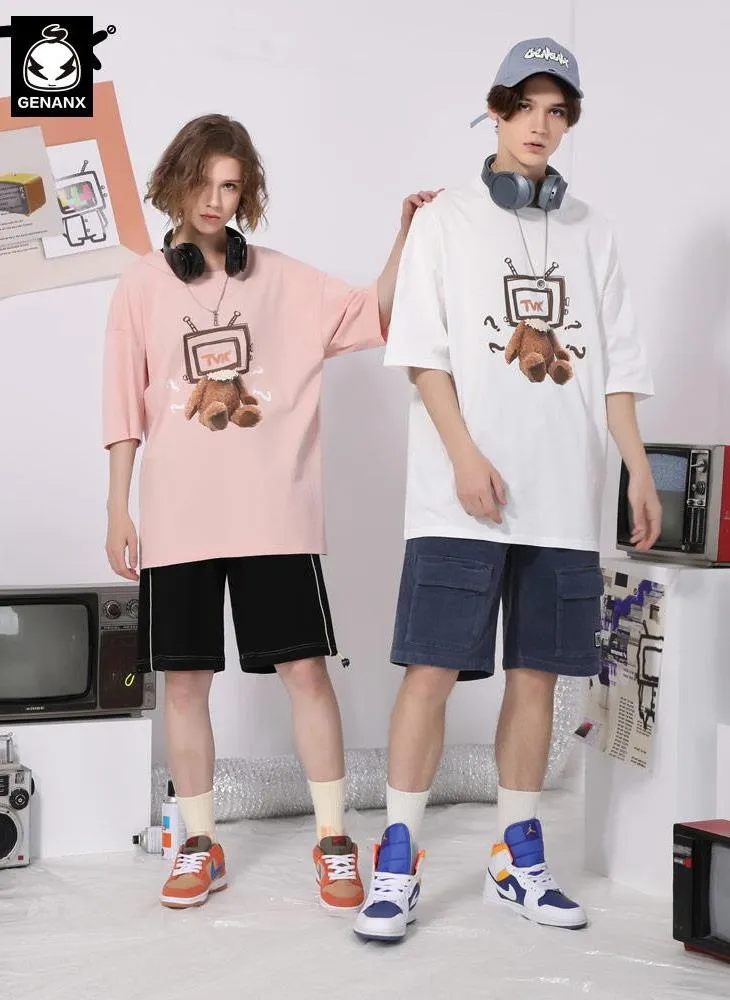 TV Teddy Bear Print Cotton T-Shirt