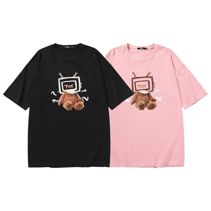 TV Teddy Bear Print Cotton T-Shirt