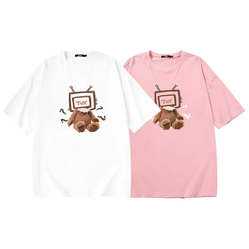 TV Teddy Bear Print Cotton T-Shirt
