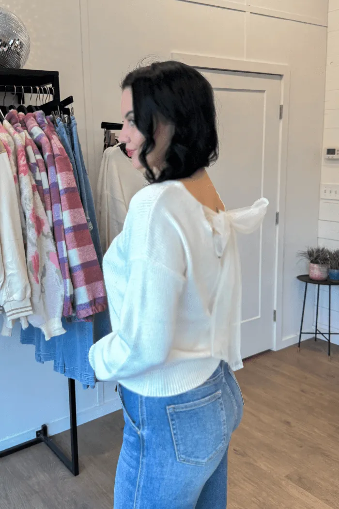 V Neck Drop Shoulder Bow Back Sweater