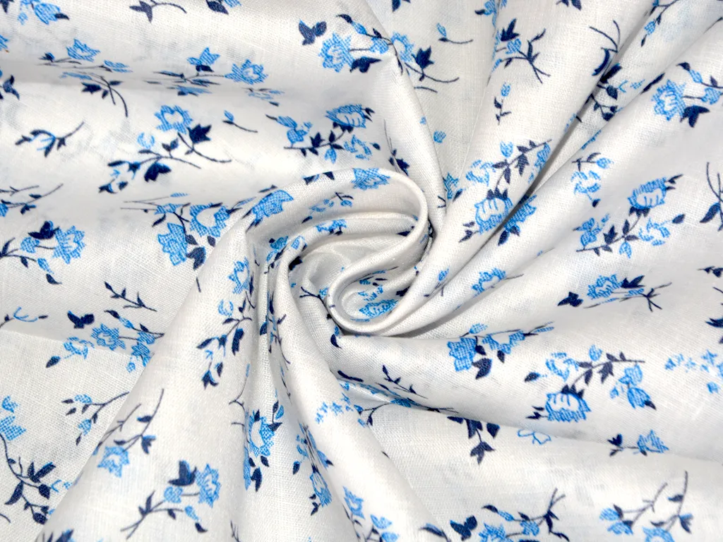 White Floral Printed Cotton Linen Shirting Fabric