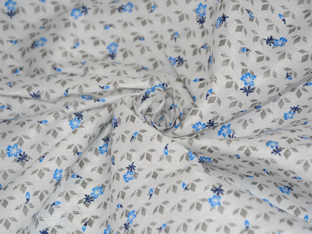 White Flower Printed Cotton Linen Shirting Fabric