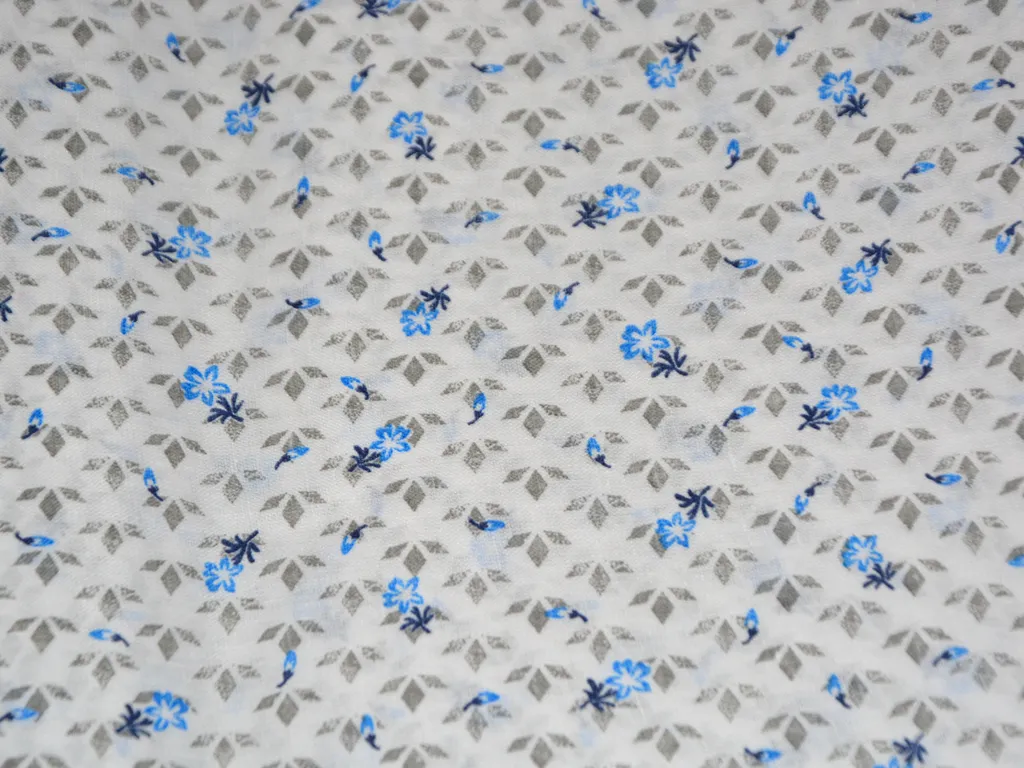 White Flower Printed Cotton Linen Shirting Fabric