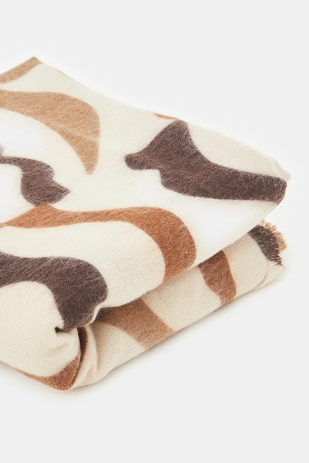 Women Beige And Brown Knitted Blanket Scarf