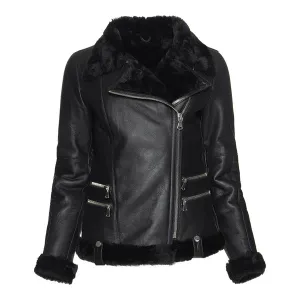 Women's Spanish Merino Faux Shearling Black Leather Jacket